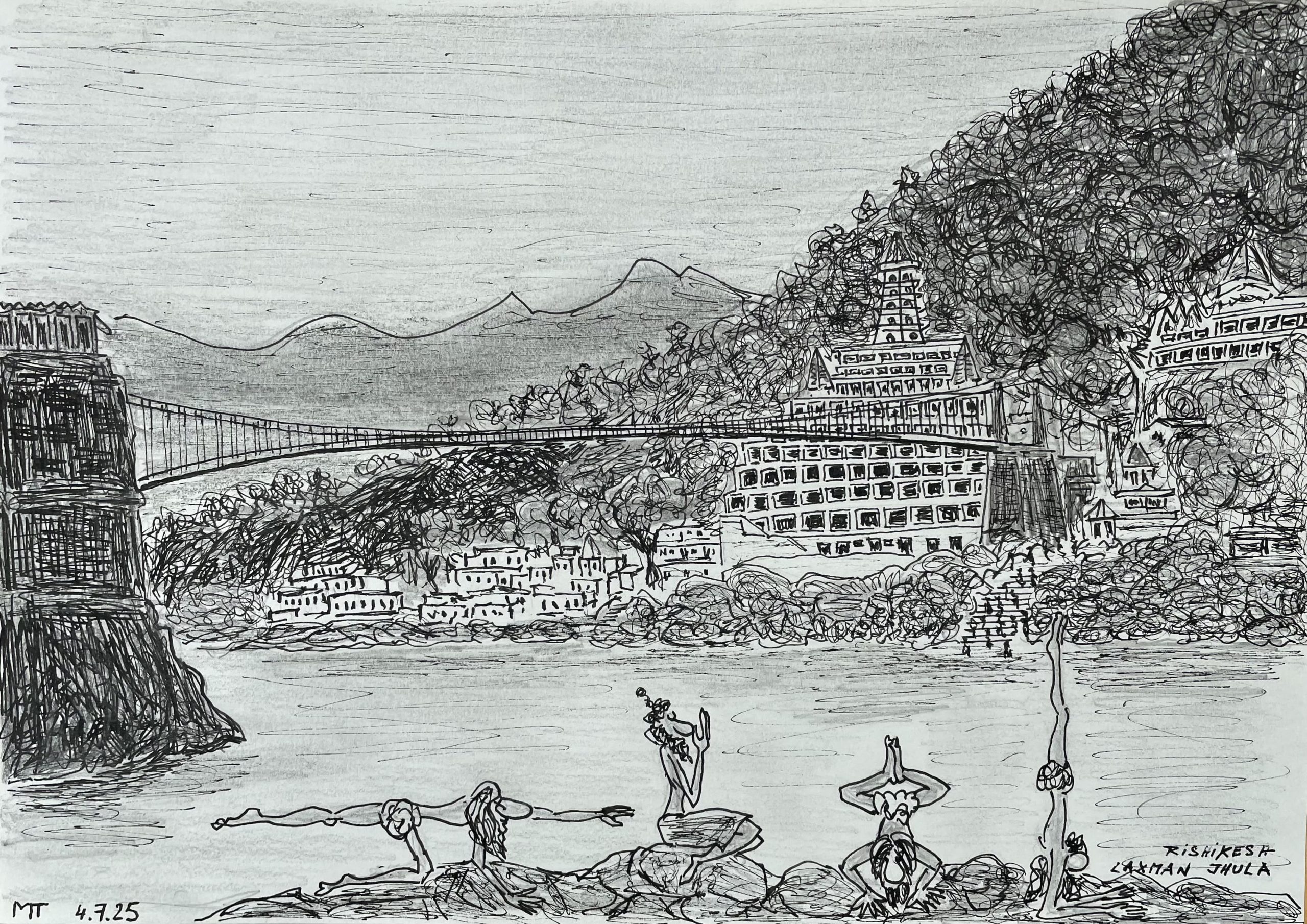 Rishikesh, vu du pont suspendu à Laxman Juhla – dessin de l’auteur