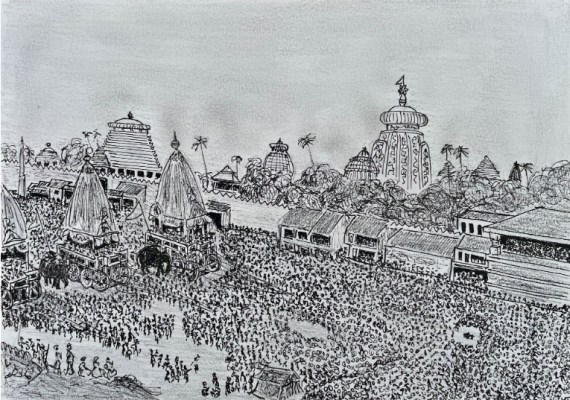 Le départ des dieux sur leurs chars, devant le temple de Jagannath – Puri, Orissa – dessin à l’encre de l’auteur.