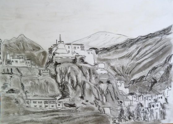 Lamayuru, le plus ancien monastère tibétain du Ladakh – dessin au crayon et fusain de l’auteur.